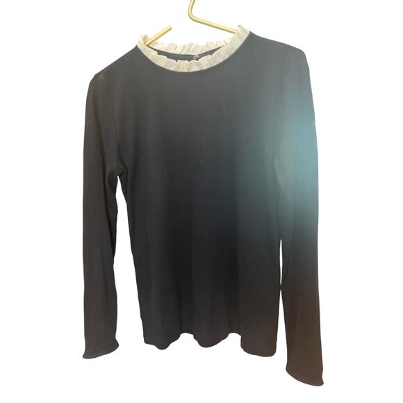 Ann Taylor Black Top – White Ruffle Trim – Long Sleeve – Sz M – RN#77379 – EUC - Picture 3 of 6